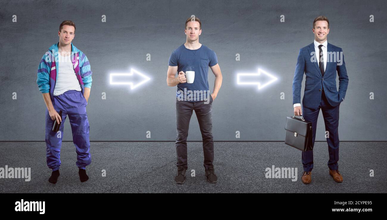 Ein Mann in 3 verschiedenen Situationen: Arbeitslos, durchschnittlich, erfolgreich Stockfoto