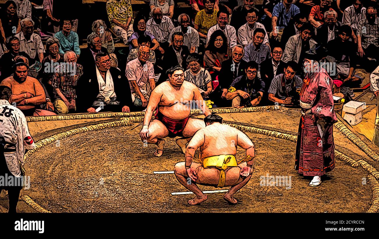 Richter und Sumo-Ringer beim Tokyo Grand Sumo Turnier, Japan Stockfoto
