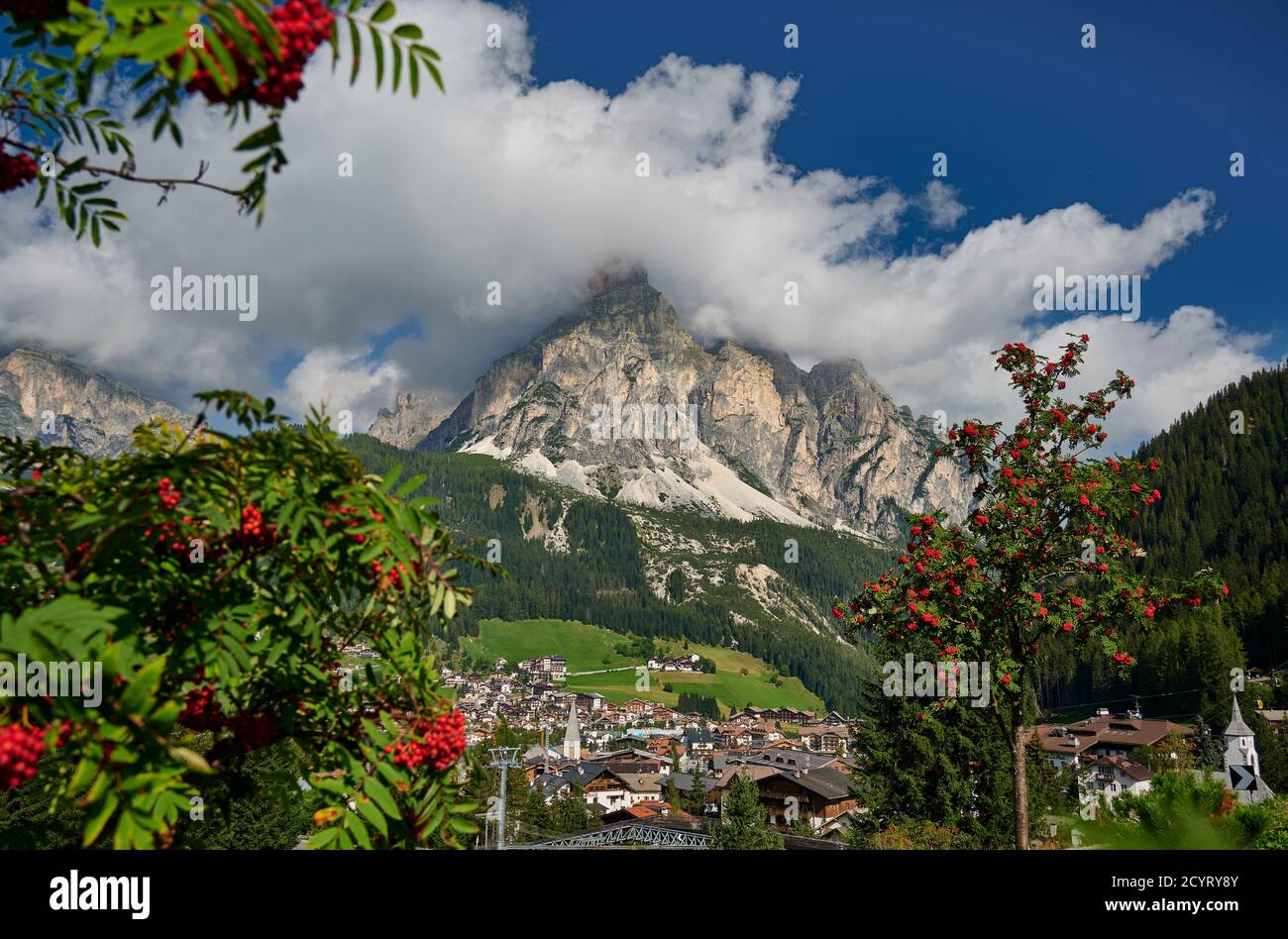 Blick auf den Sassongher, Kurfar, Corvara in Badia, Südtirol, Italien Stockfoto