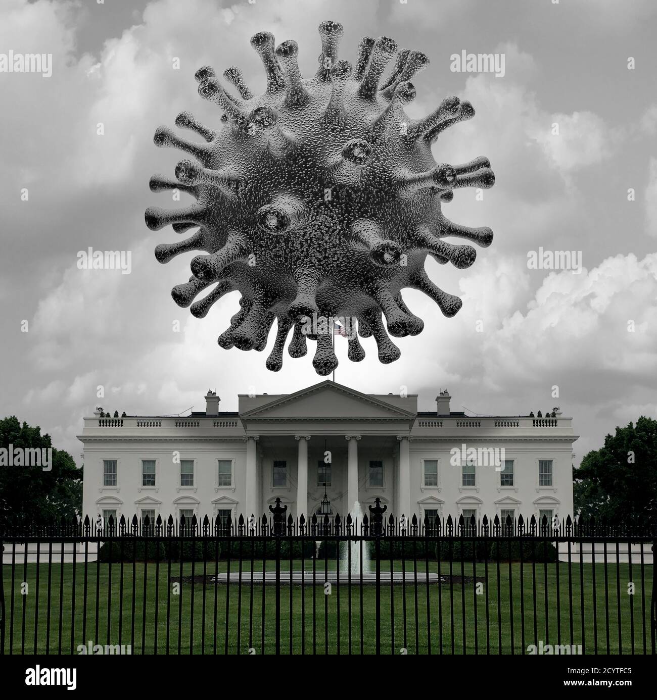Gesundheit und das Konzept des Weißen Hauses als Risiko für Coronavirus oder Covid-19 und Grippevirus-Gefahr in den Vereinigten Staaten als Gesundheitsgesetz und -Politik. Stockfoto