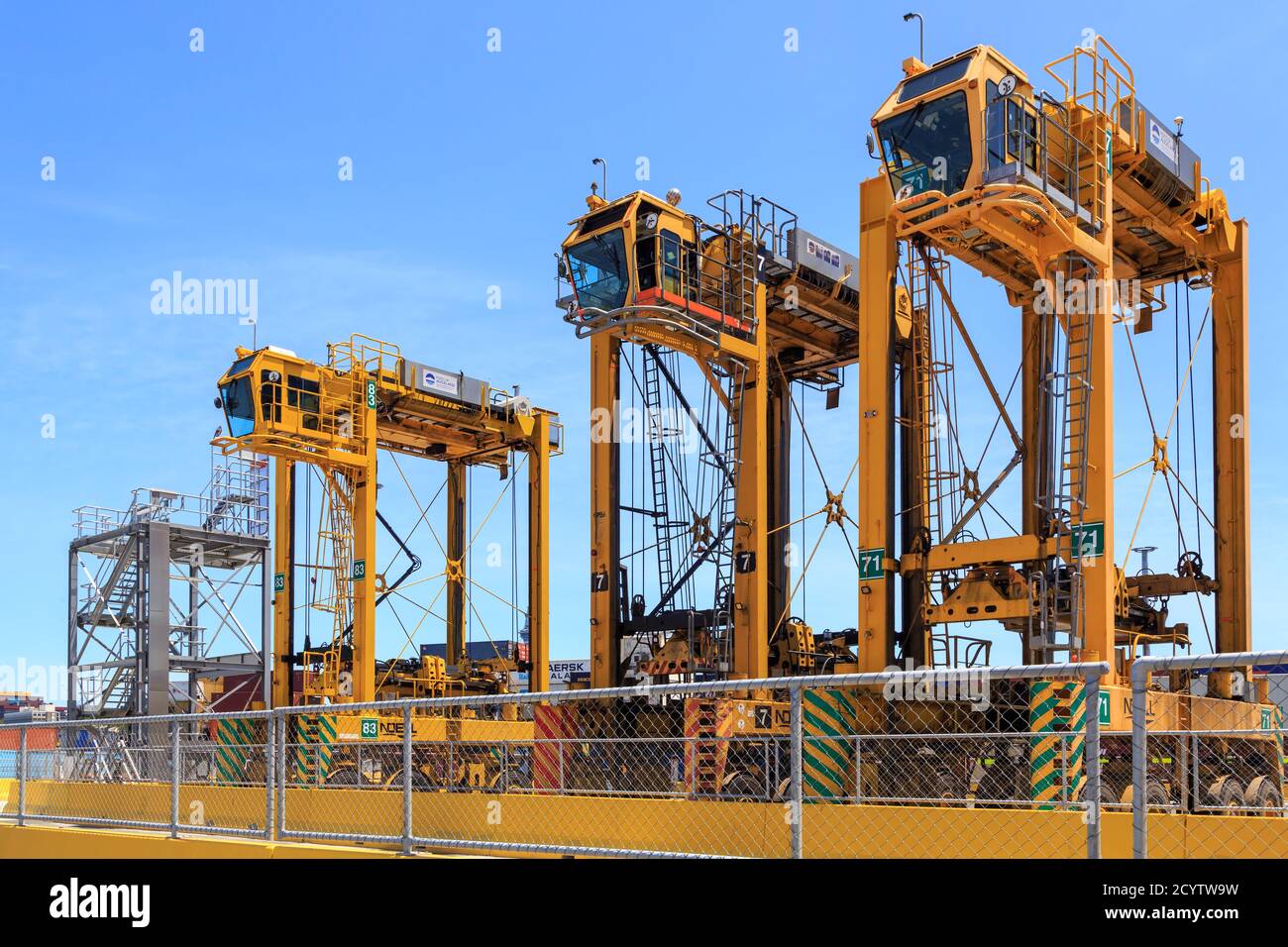 Eine Reihe von riesigen Straddle Carrier, Fahrzeuge entwickelt, um Transportcontainer zu bewegen. Fotografiert im Hafen von Auckland, Neuseeland, Januar 25 2020 Stockfoto