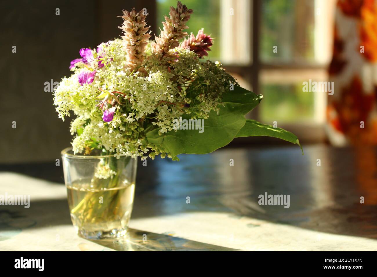 Schöne kleine Komposition von Blumen in einer Vase auf einem Tisch durch Sonnenlicht beleuchtet Stockfoto