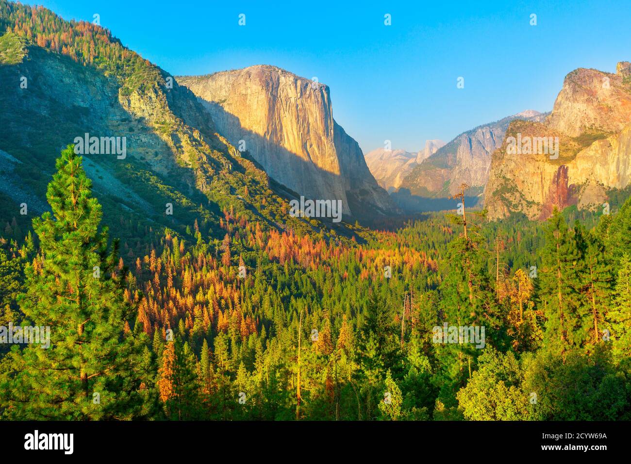 Nahaufnahme des Tunnels mit Blick auf den Yosemite National Park bei Sonnenuntergang. Vorderansicht des beliebten El Capitan und Half Dome bei Sonnenuntergang. Reisen in die USA im Sommer Stockfoto