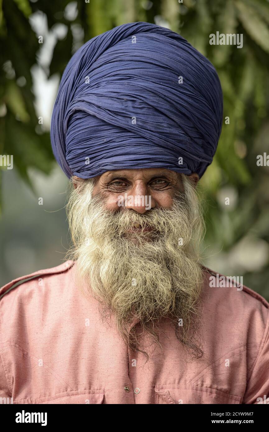 Porträt eines alten Sikh-Mannes indischer Herkunft mit weißem, buschigen Bart. Stockfoto