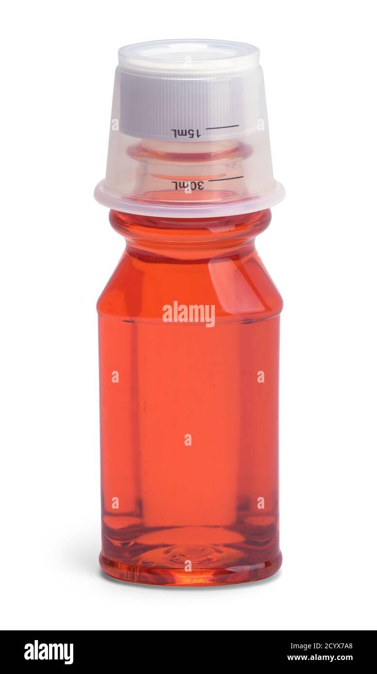 Husten Medizin Flasche mit Tasse isoliert auf Weiß. Stockfoto