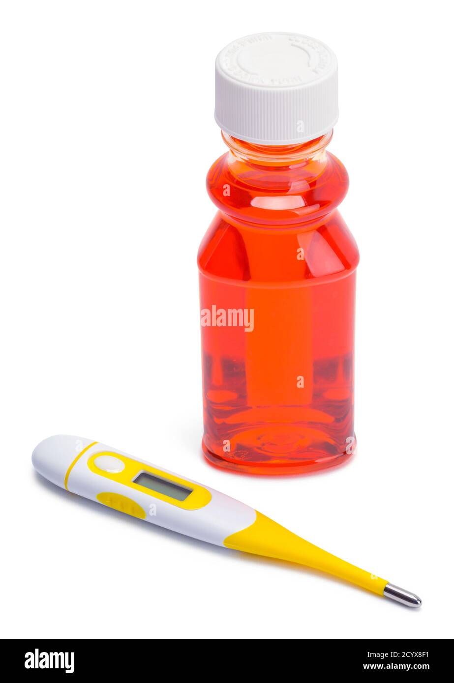 Flasche Orange Medizin mit gelbem Thermometer. Stockfoto