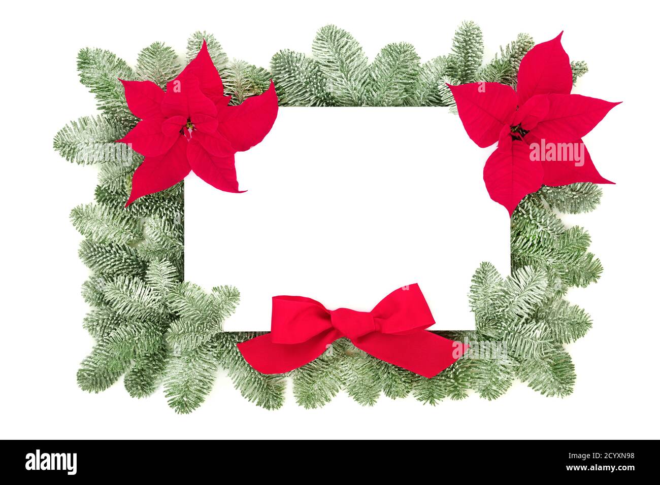 Thanksgiving, Weihnachten & Neujahr Bordüre Komposition mit Weihnachtsstern Blumen, roten Bogen & schneebedeckten Tanne auf weißem Hintergrund. Dekoratives Element für Stockfoto