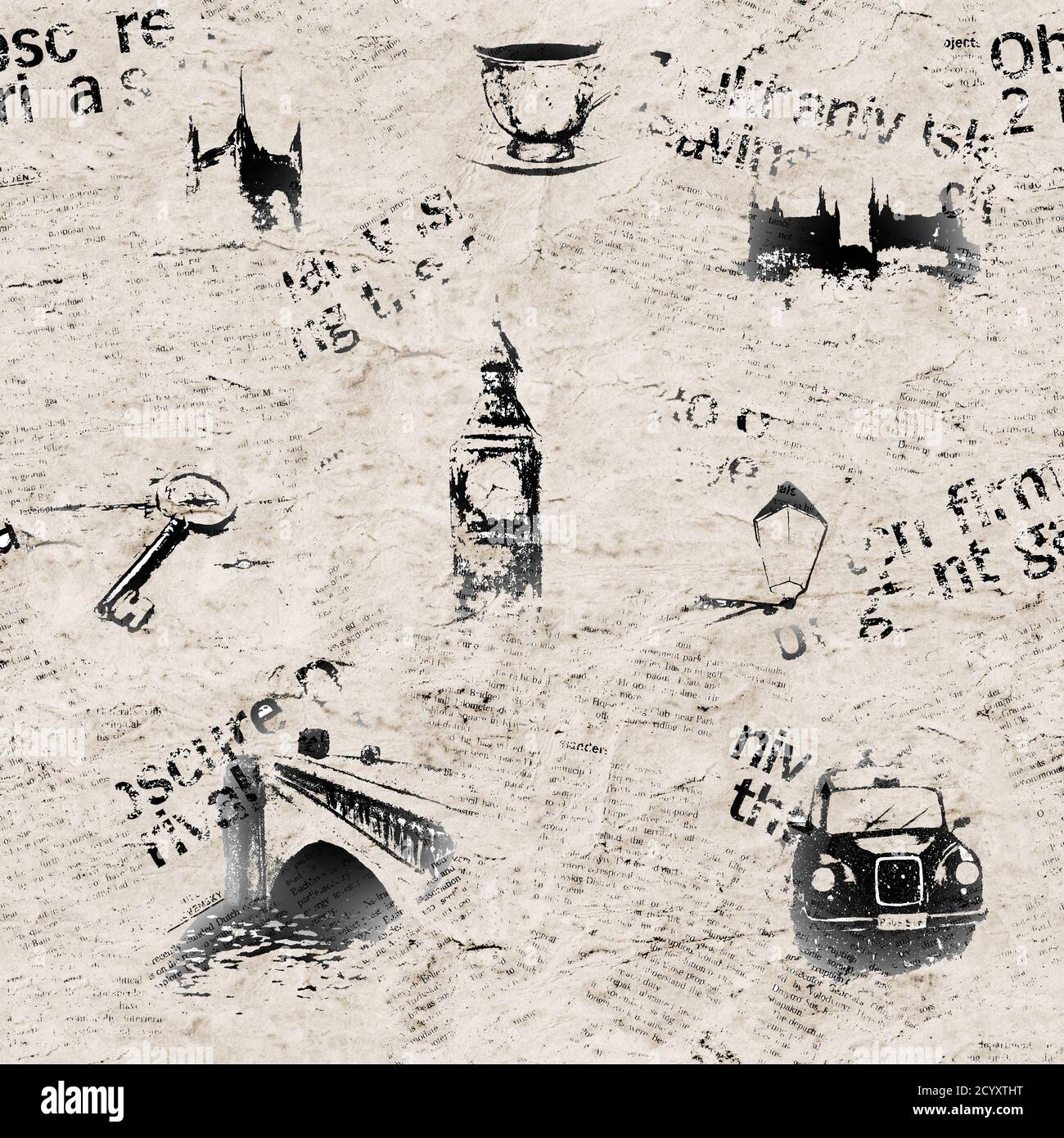 Schwarz-weiß Zeitung London Hintergrund. Nahtlose Textur mit handgezeichneten Symbolen von England. Big Ben Westminster Bridge Tower Themse Black Cab Re Stockfoto