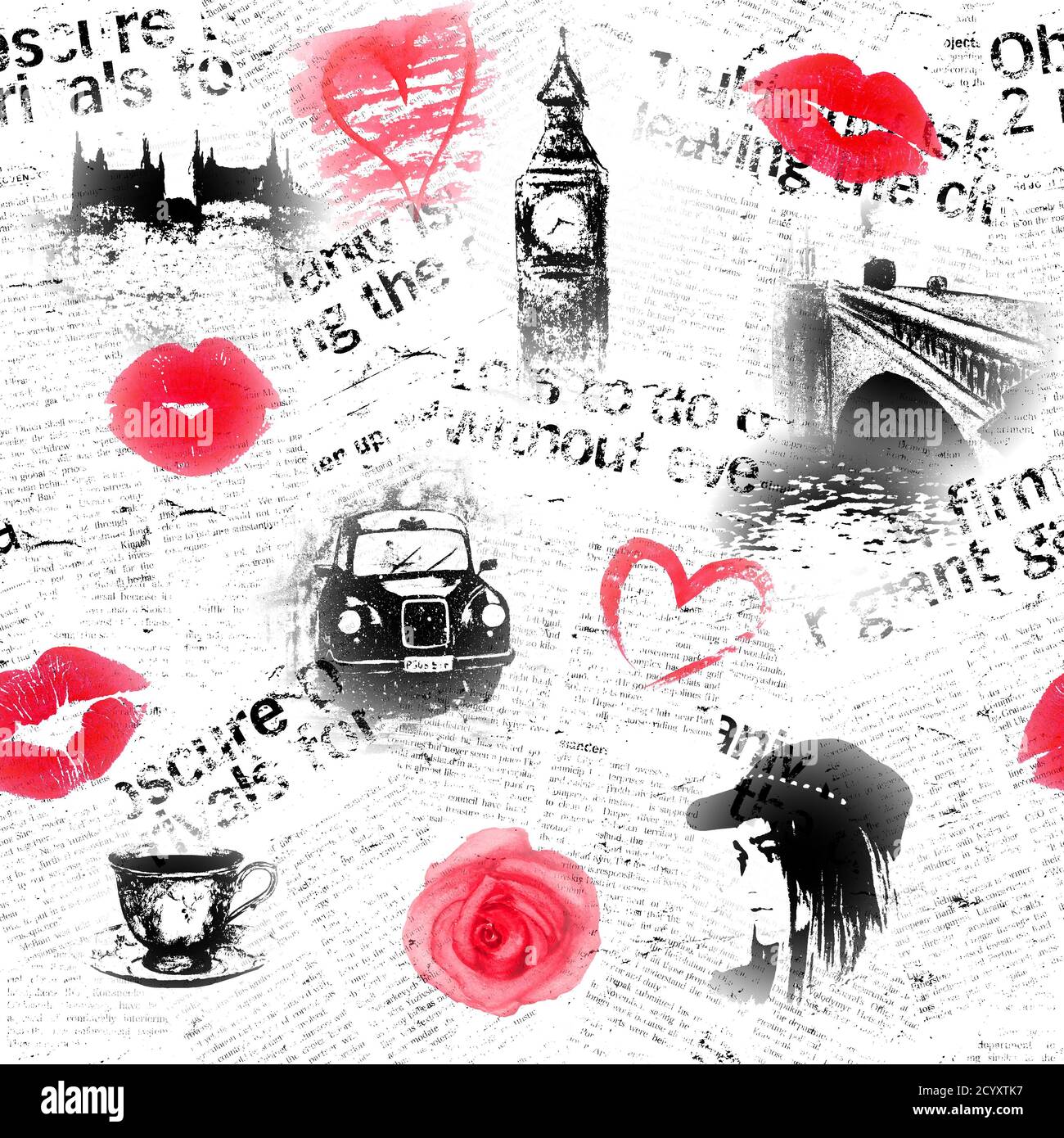 Schwarz weiß und rot Zeitung London Grunge Hintergrund. Nahtlose Textur mit handgezeichneten Symbolen von England andl Herz, Rose, Lippenstift Kuss und Mode Stockfoto