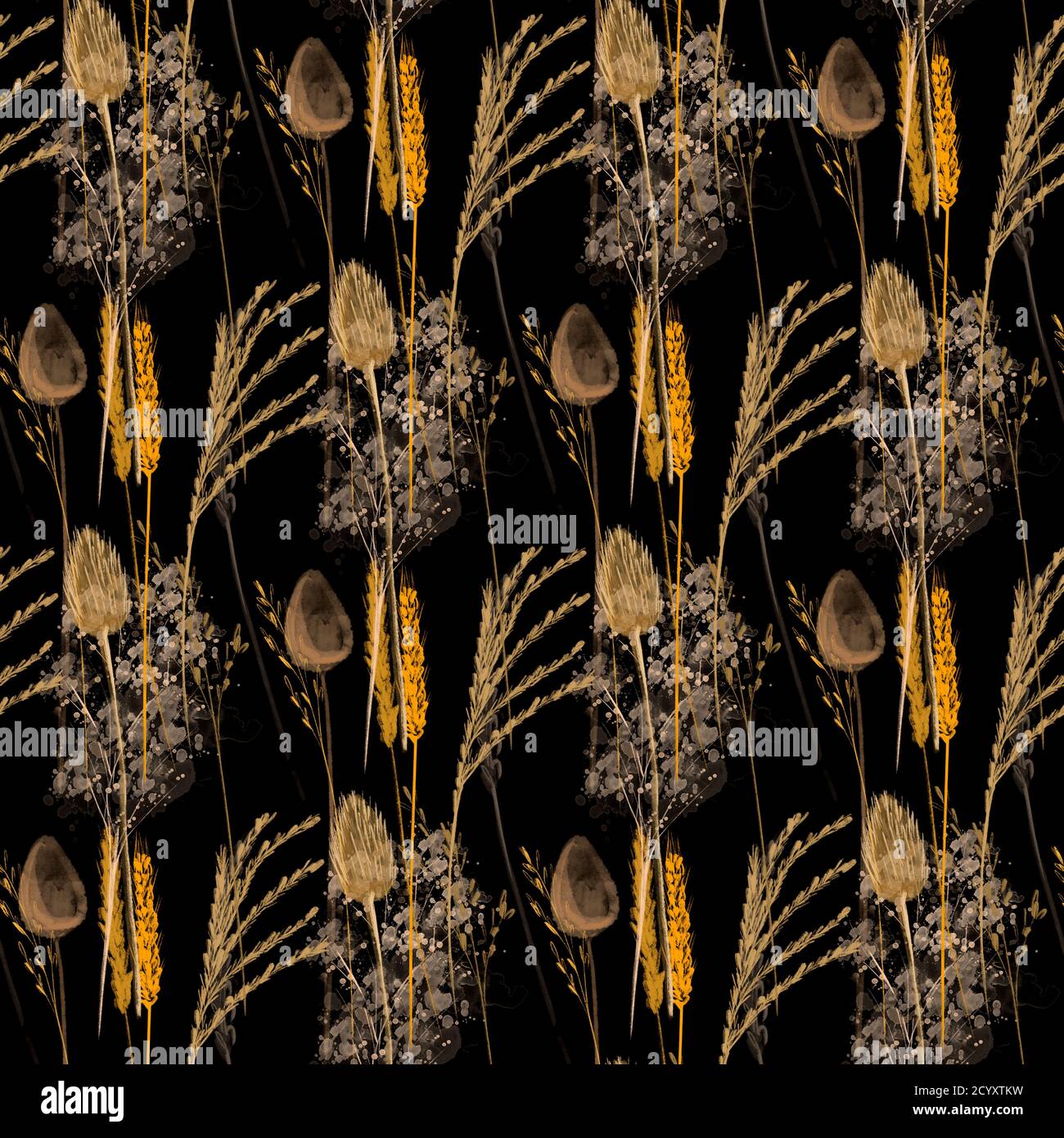 Nahtloses Muster Aquarell Illustration verschiedene Spikelets auf schwarz Stockfoto