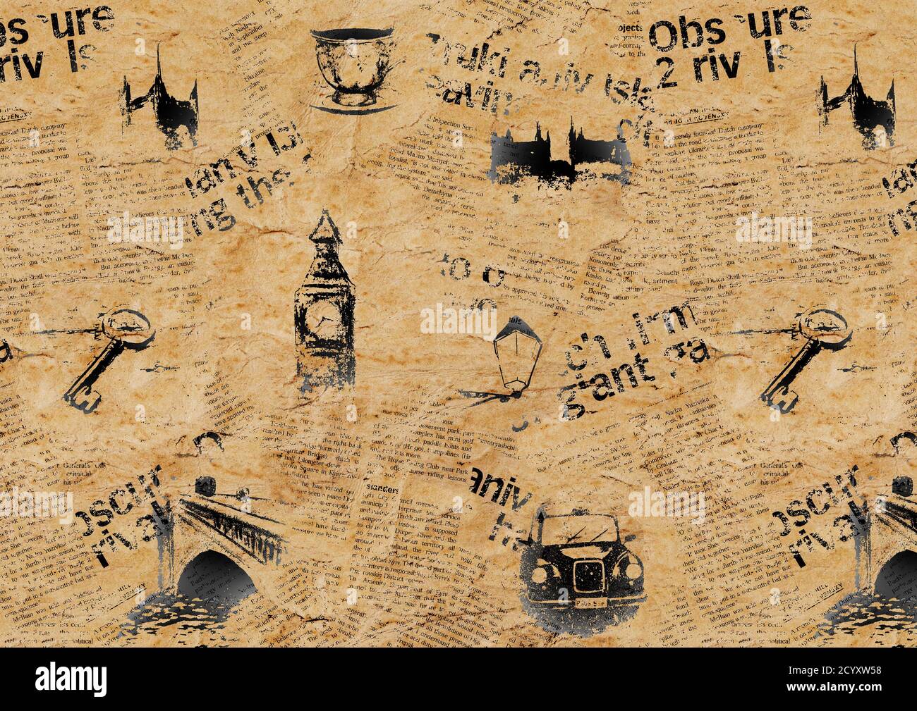 Beige Vintage Zeitung London Hintergrund. Textur mit handgezeichneten Symbolen von England. Big Ben Westminster Bridge Tower Thames Black Cab Retro Auto. Stockfoto