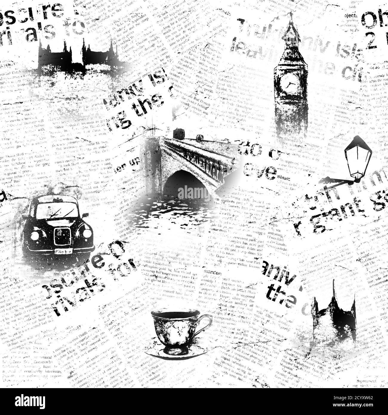Schwarz-weiß Zeitung London Hintergrund. Nahtloses Muster mit handgezeichneten Symbolen von England. Big Ben Westminster Bridge Tower Themse Black Cab Re Stockfoto