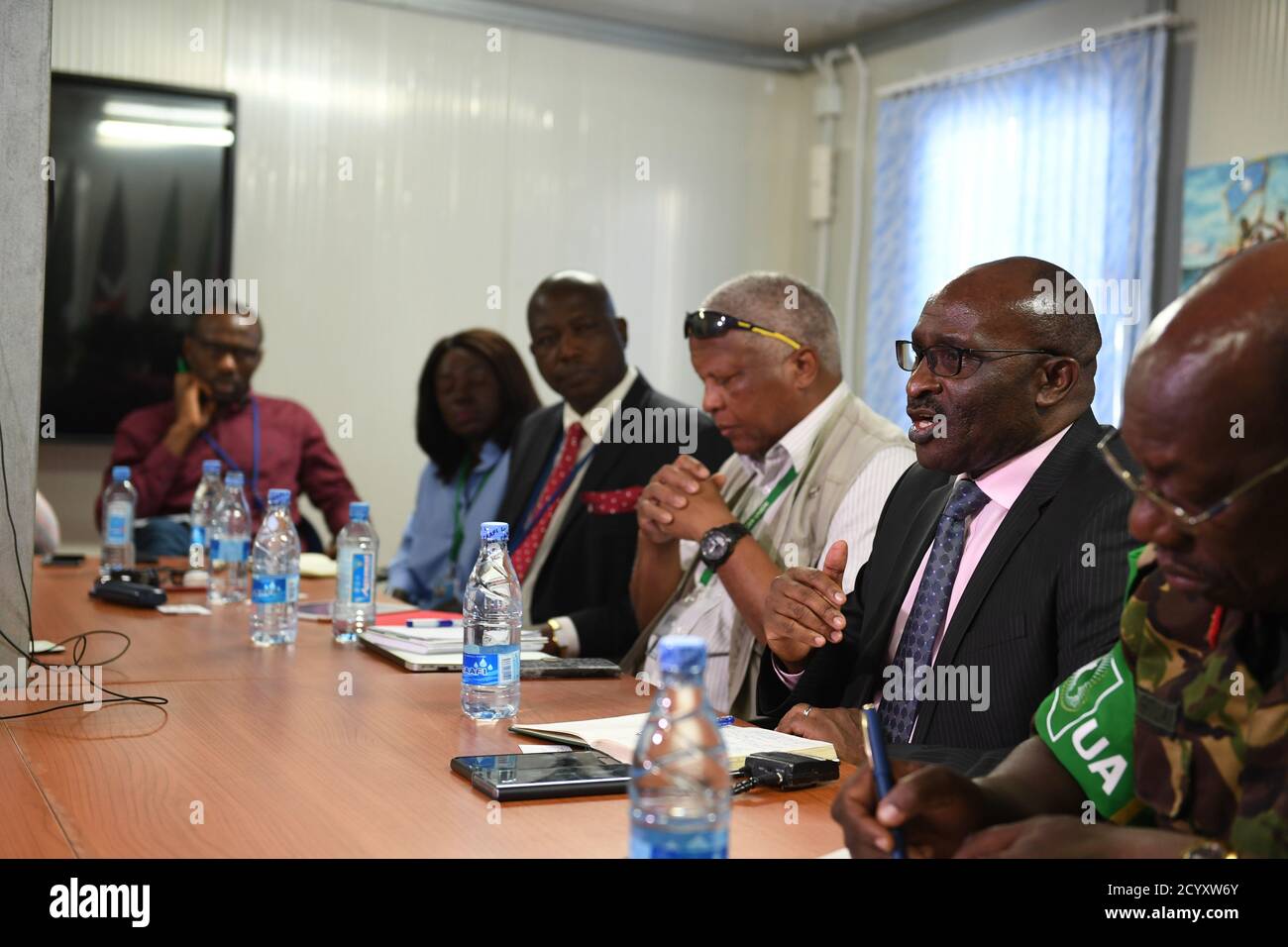 AMISOM-Führung aus zivilen, militärischen und polizeilichen Komponenten trifft sich mit LT. General ESA Pulkkinen, dem Leiter der militärischen und verhaltenspolitischen Fähigkeiten der Europäischen Union. Dies geschah am 16. Januar 2019 im AMISOM-Missionshauptsitz in Mogadischu, Somalia. Stockfoto