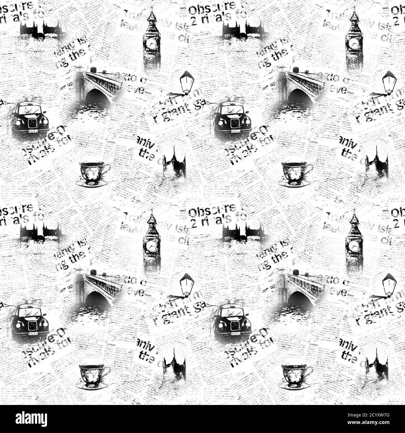 Schwarz-weiß Zeitung London Hintergrund. Nahtlose Textur mit handgezeichneten Symbolen von England. Big Ben Westminster Bridge Tower Themse Black Cab Re Stockfoto