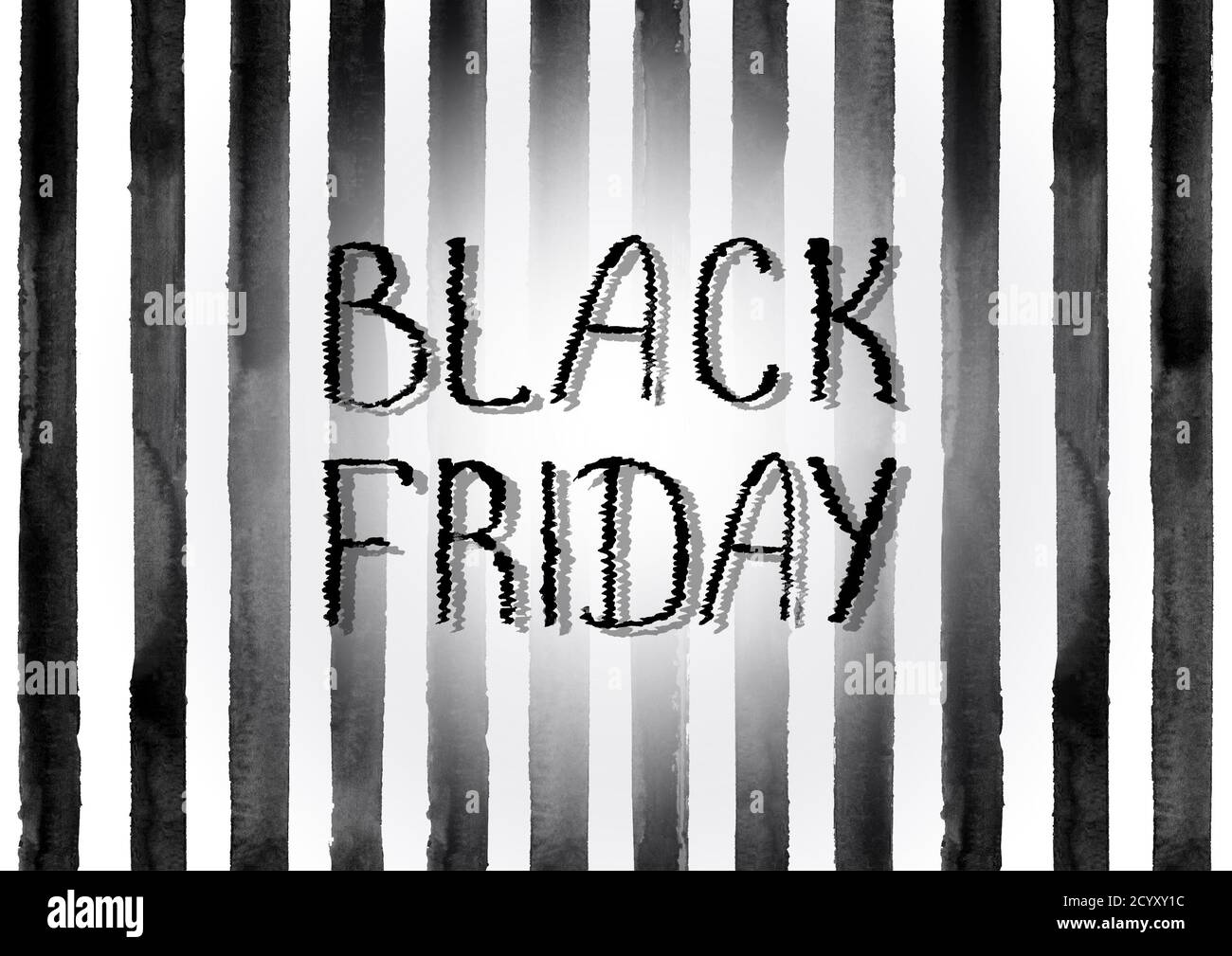 Black Friday Sale Poster mit handgezeichneten Aquarell-Schriftzug auf gestreiftem Aquarell schwarz und weiß Hintergrund. Horizontale Abbildung. Stockfoto