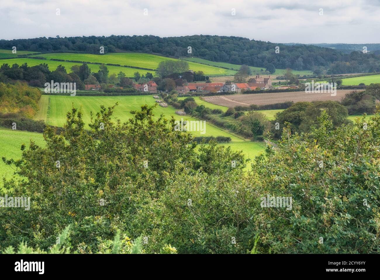 Hoher Aussichtspunkt in Blakeney Esk, mit Blick auf das Dorf Glanford. Stockfoto