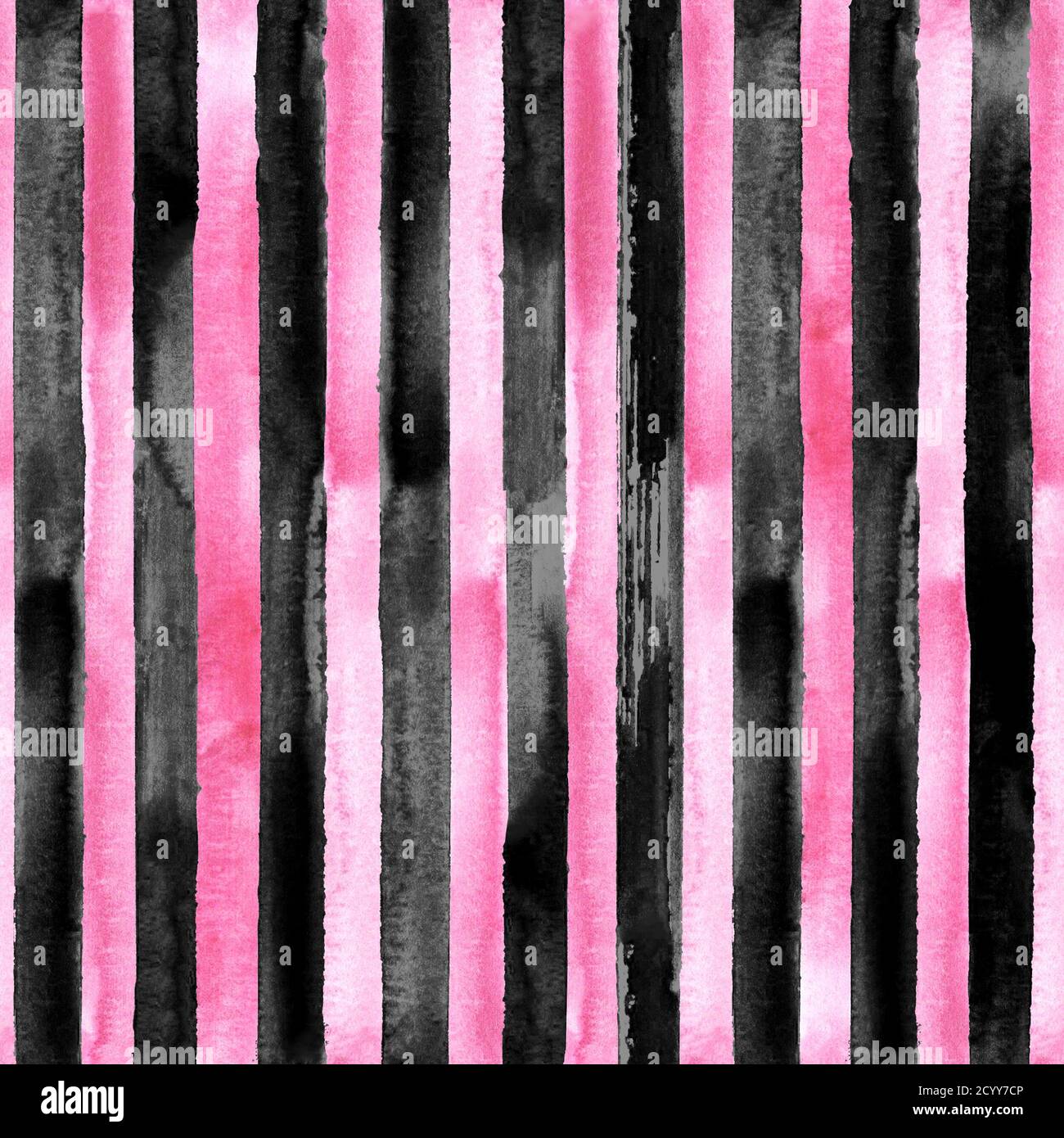 Aquarell handgezeichnetes vertikales Nahtloses Muster mit rosa und schwarzen Streifen. Mode, Bettwäsche, Stoff und Verpackungskonzepte. Stockfoto