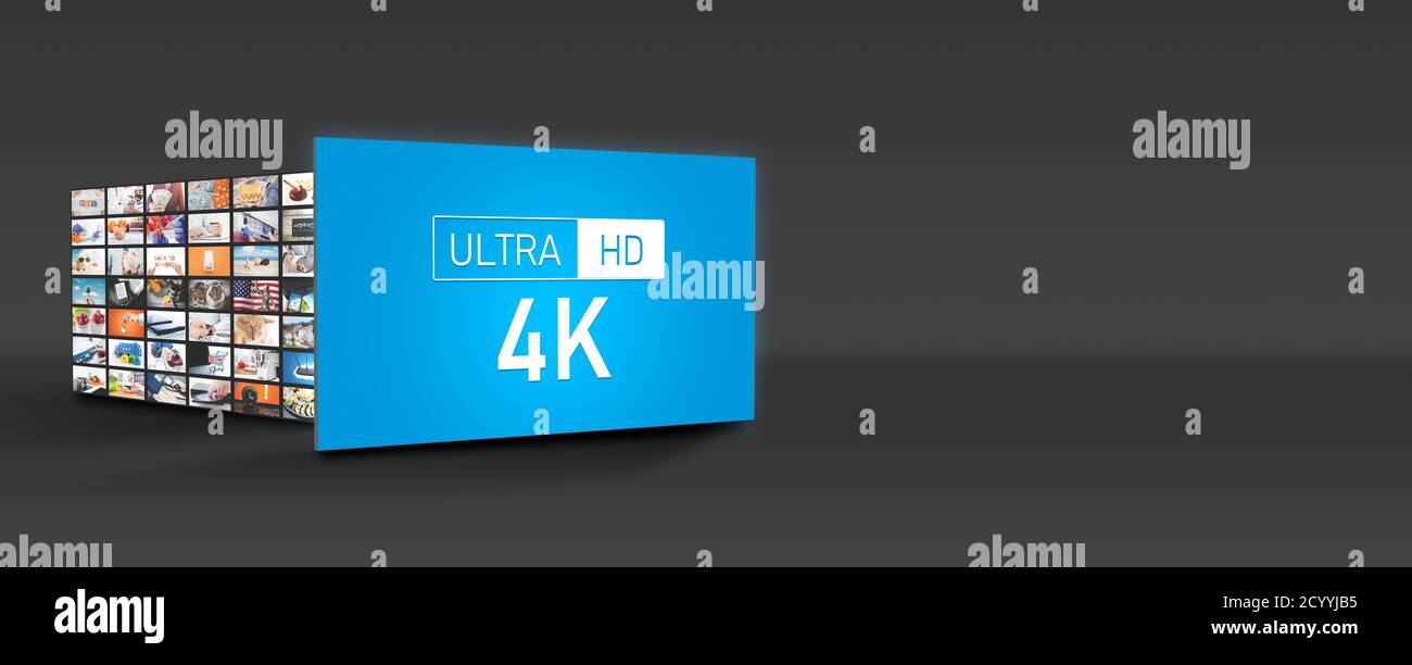 Hochauflösender 4K Fernseher. Multimedia-Panel des Fernsehers. Web Banner Bild mit Kopierbereich Stockfoto