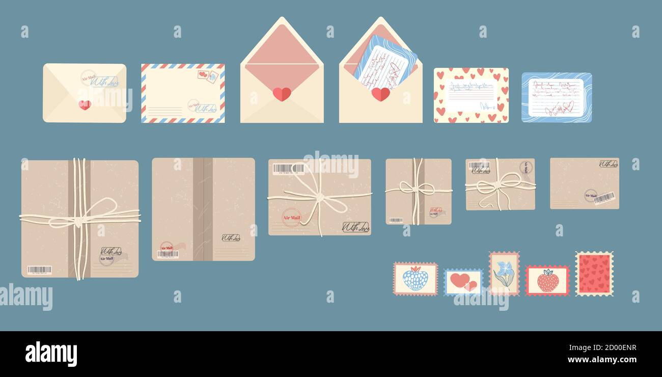 Pakete, Umschlag und Briefmarken, Post-Service-Symbole Pack Sammlung. Draufsicht, Vektorgrafiken isoliert auf braunem Hintergrund. Flacher Cartoon Stock Vektor