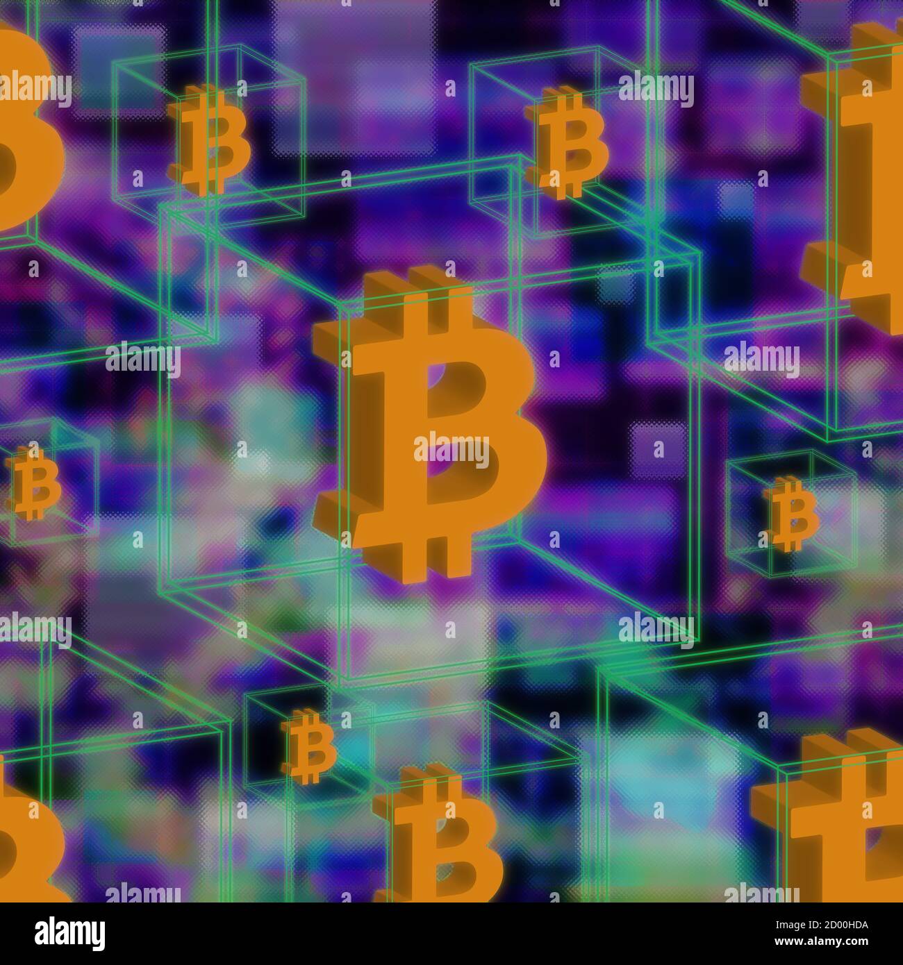 Ein abstraktes futuristisches 3d Bitcoin Blockkette Hintergrundbild. Stockfoto