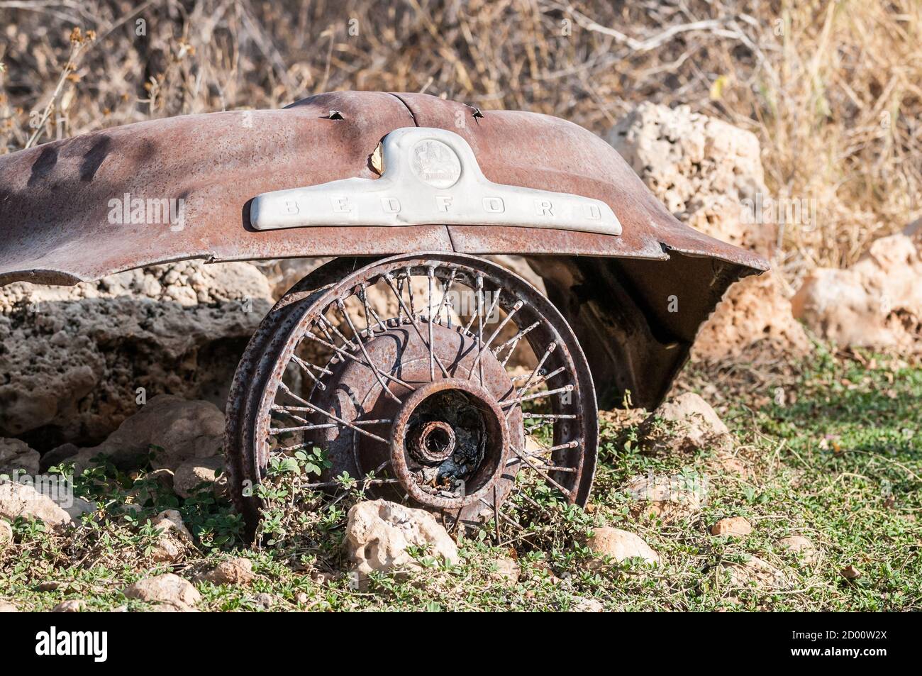 Alte Motorhaube eines Autos als Dekoration für die Garen, Onguma Campingplatz, Namibia, Afrika Stockfoto