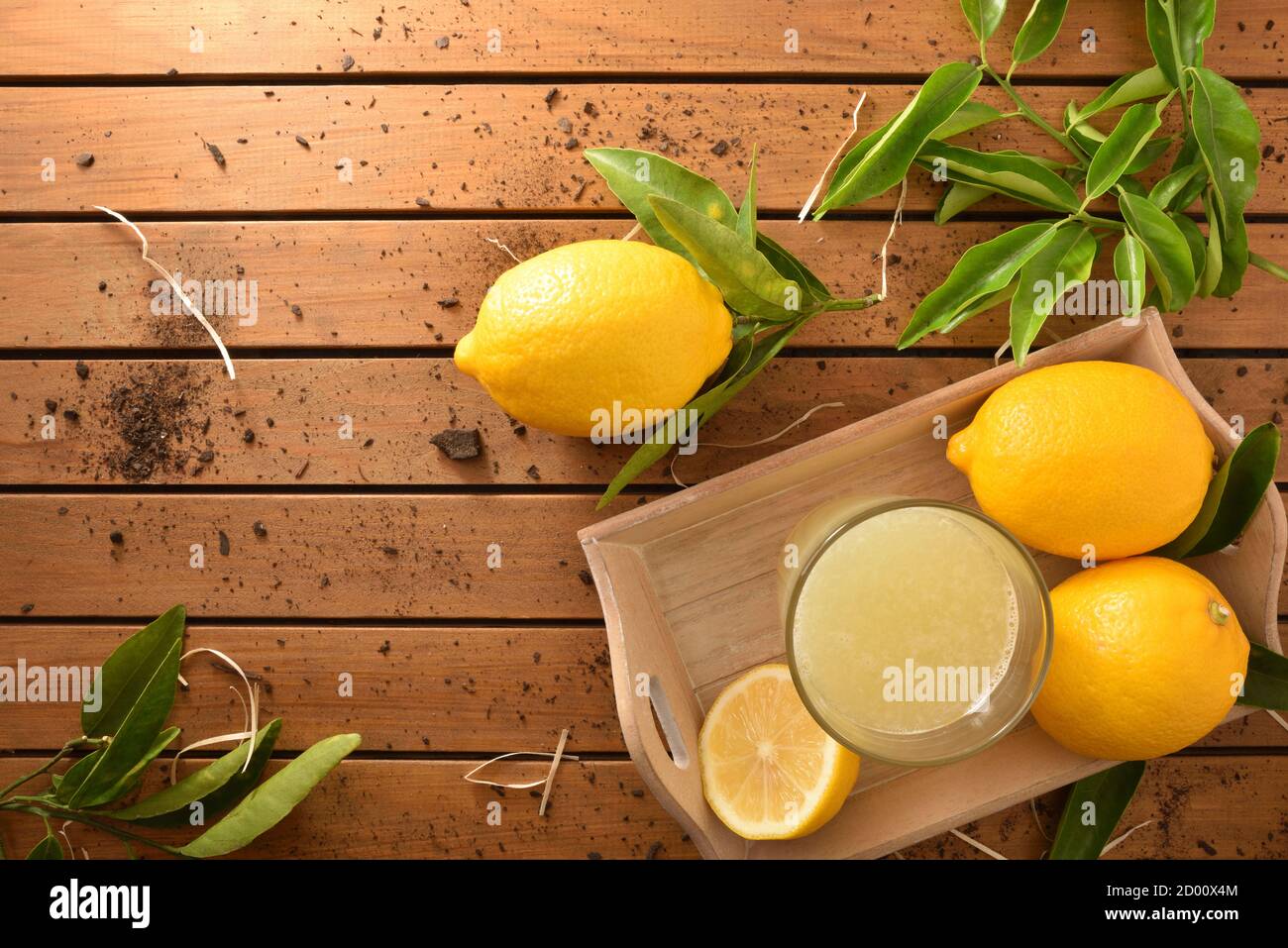 Frisch gepresster Saft auf einem Holztisch auf einem Tablett voller Zitronen. Draufsicht. Horizontale Zusammensetzung. Stockfoto