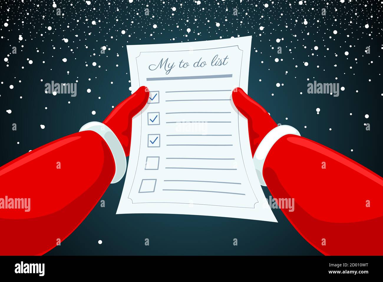 Santa Claus Hände halten und lesen Brief zu tun Liste Papier auf schneebedeckten Hintergrund. Weihnachten und Happy New Year Urlaub Cartoon Vektor eps Abbildung leere Formularblatt mit Häkchen Stock Vektor