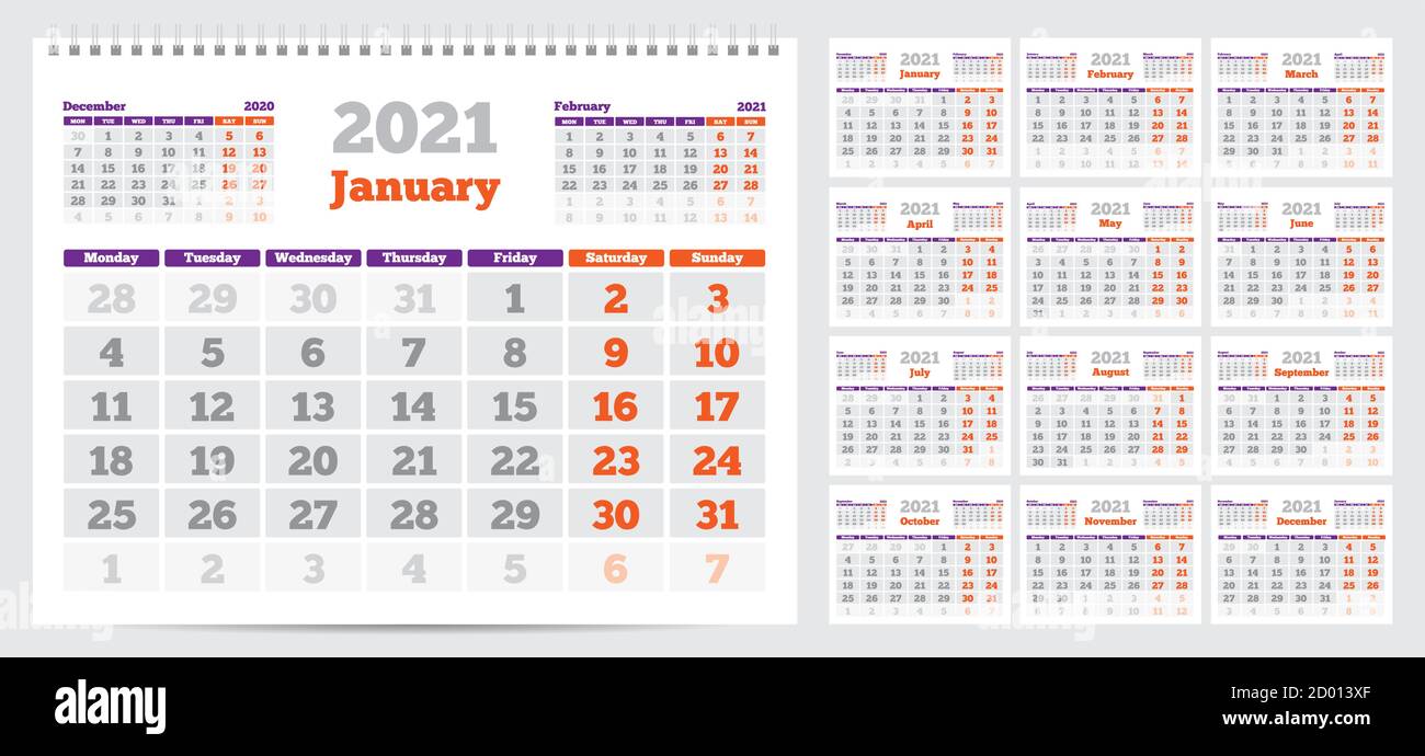 Kalender 2021. Woche ab Montag. Set von 12 Monaten. Bereit zum Drucken. Vektorgrafik Stock Vektor
