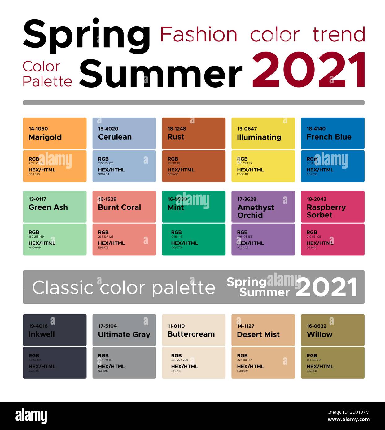 Mode Farbtrends Frühjahr Sommer 2021. Palette Fashion Colors Guide mit  benannten Farbfeldern, RGB, HEX Farben Stock-Vektorgrafik - Alamy