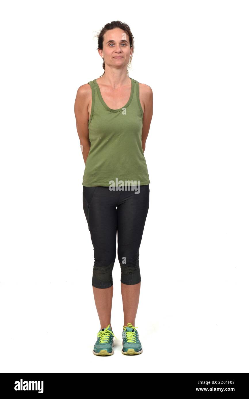 Vorderansicht der Frau mit Sportbekleidung auf weißem Hintergrund, Stockfoto