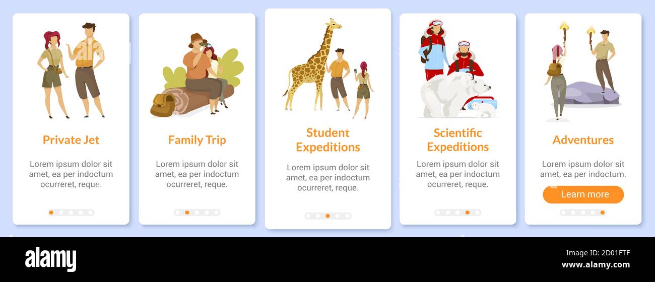 Vektorvorlage für den Bildschirm der mobilen Adventure Onboarding-App. Expedition und Erkundung. Reise, Reise. Rundgang durch die Website Schritte mit flachen Zeichen. UX Stock Vektor