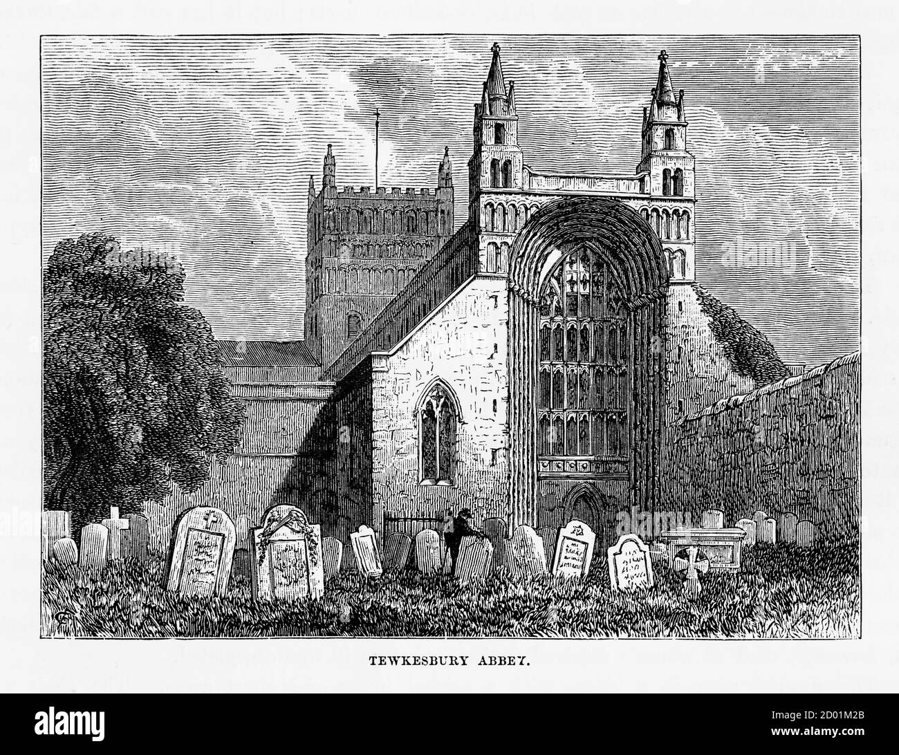 Sehr seltene, wunderschön illustrierte antike Gravur von Tewkesbury Abbey, Gloucestershire, England Victorian Graving, 1840. Stockfoto