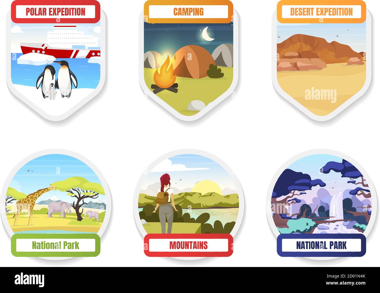 Expedition flache Farbe Vektor Abzeichen Set. Nationalpark. Antarktis, Südpol. Camping und Wandern. Trekking auf den Bergen. Extragrafiken Stock Vektor