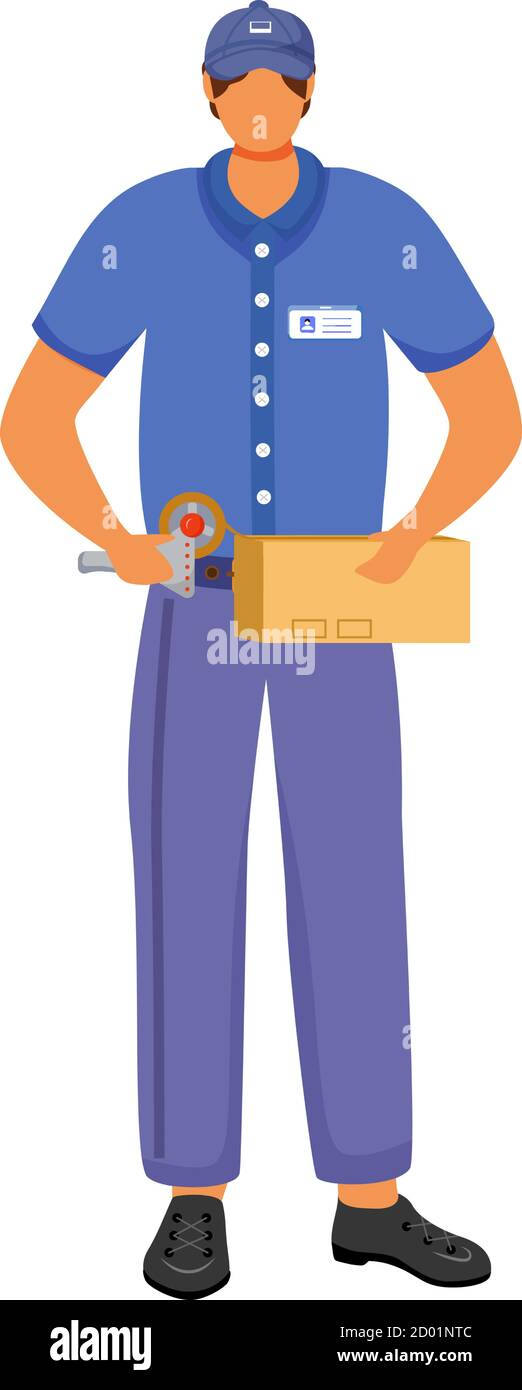 Postamt männlich Arbeiter flache Farbe Vektor Illustration. Man packt Pakete zum Senden. Post-Service-Bereitstellung. Mann in blauer Uniform isoliert mit Stock Stock Vektor