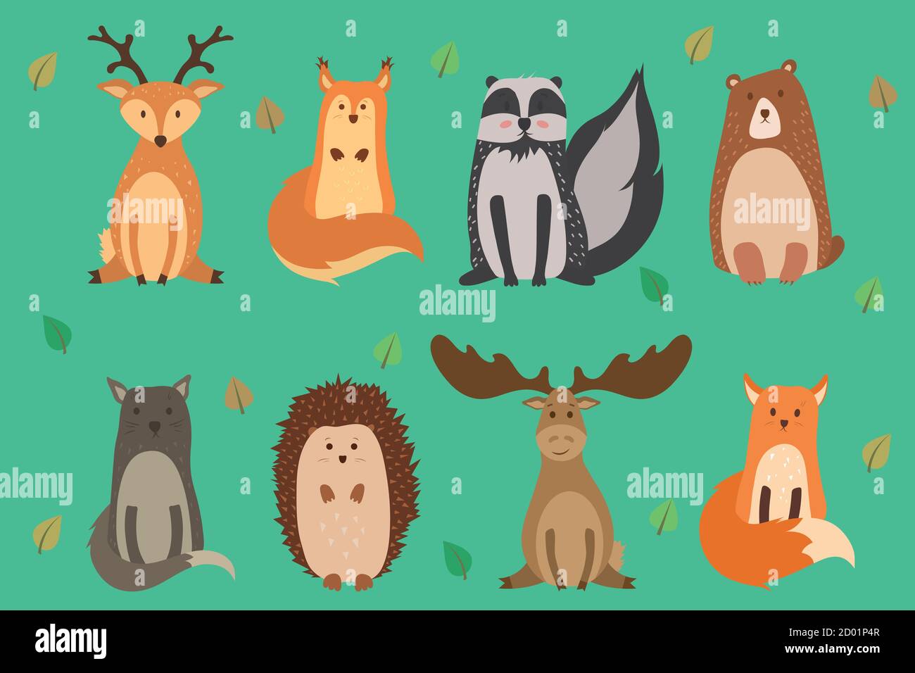 Vektor-Illustration von niedlichen Tieren Herbst: Rentier, Eichhörnchen, Waschbär, Bär, Wildkatze, Igel, Elch, Fuchs. Vektor Stock Vektor