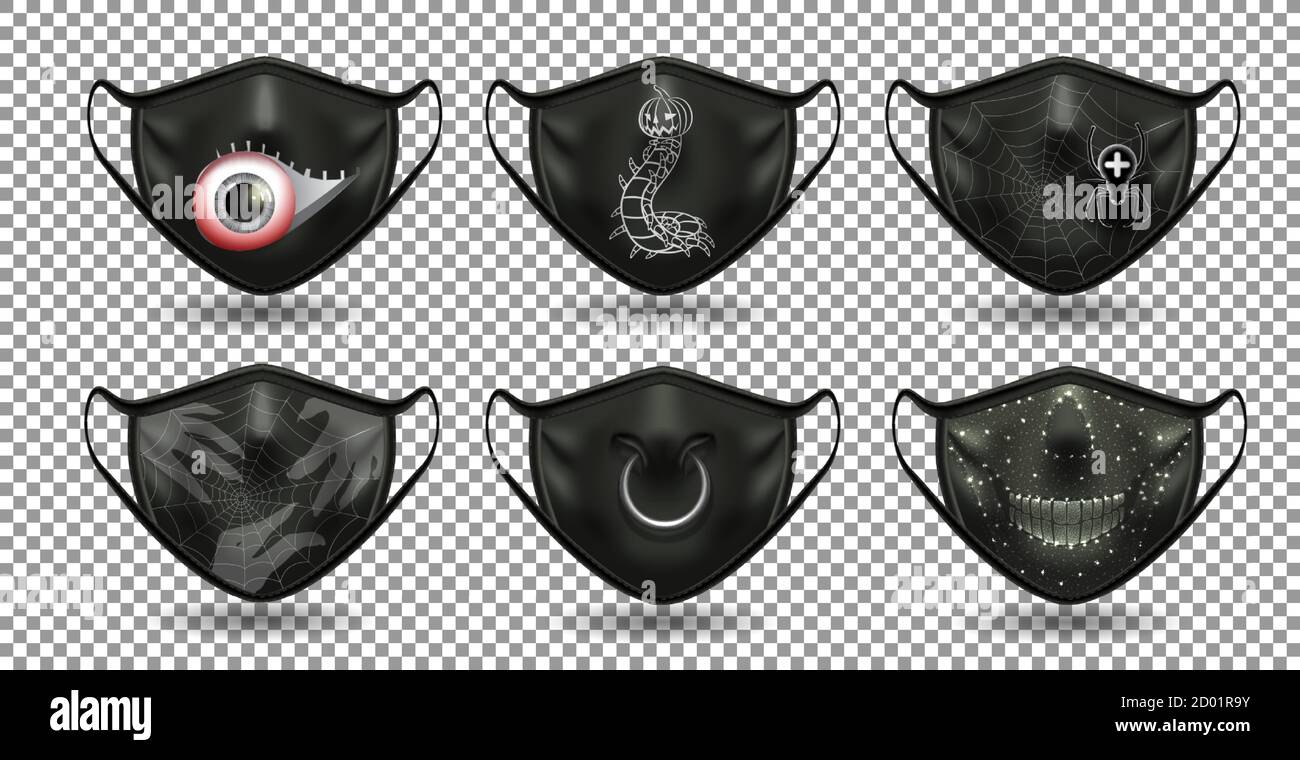 Eine Reihe von schützenden Comic schwarze Masken. Für die Coronavirus Party, Halloween und anderen Spaß. Realistische 3D-Darstellung. Isoliert auf transparentem Backgro Stock Vektor