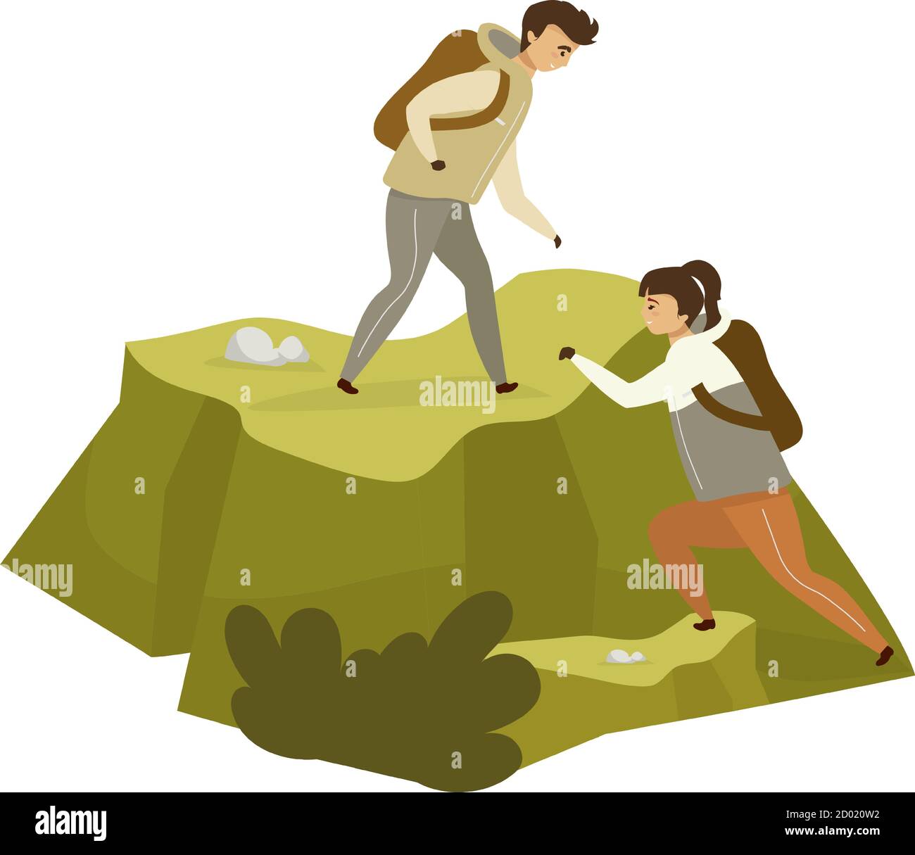 Paar Klettern Hügel flache Farbe Vektor Illustration. Mann und Frau auf dem Berggipfel. Bergsteigen auf Felsen. Wanderer auf Expedition. Touristen isoliert Stock Vektor