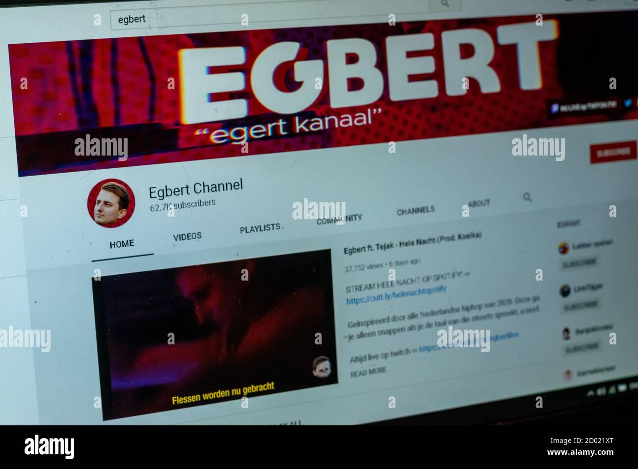 AMSTERDAM, NIEDERLANDE, 2. OKTOBER 2020: Die YouTube-Kanalseite von 'Egbert Channel' Witch ist ein berühmter Youtube-Kanal in den Niederlanden Stockfoto