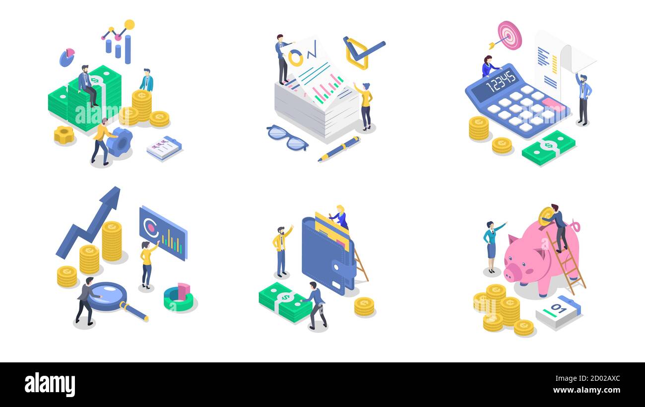 Isometrischer Farbevektor für Buchhaltung und Audit. Business Analytics und Planung. Gehaltszahlung. Geld sparen. Bankwesen. Buchhaltung Stock Vektor