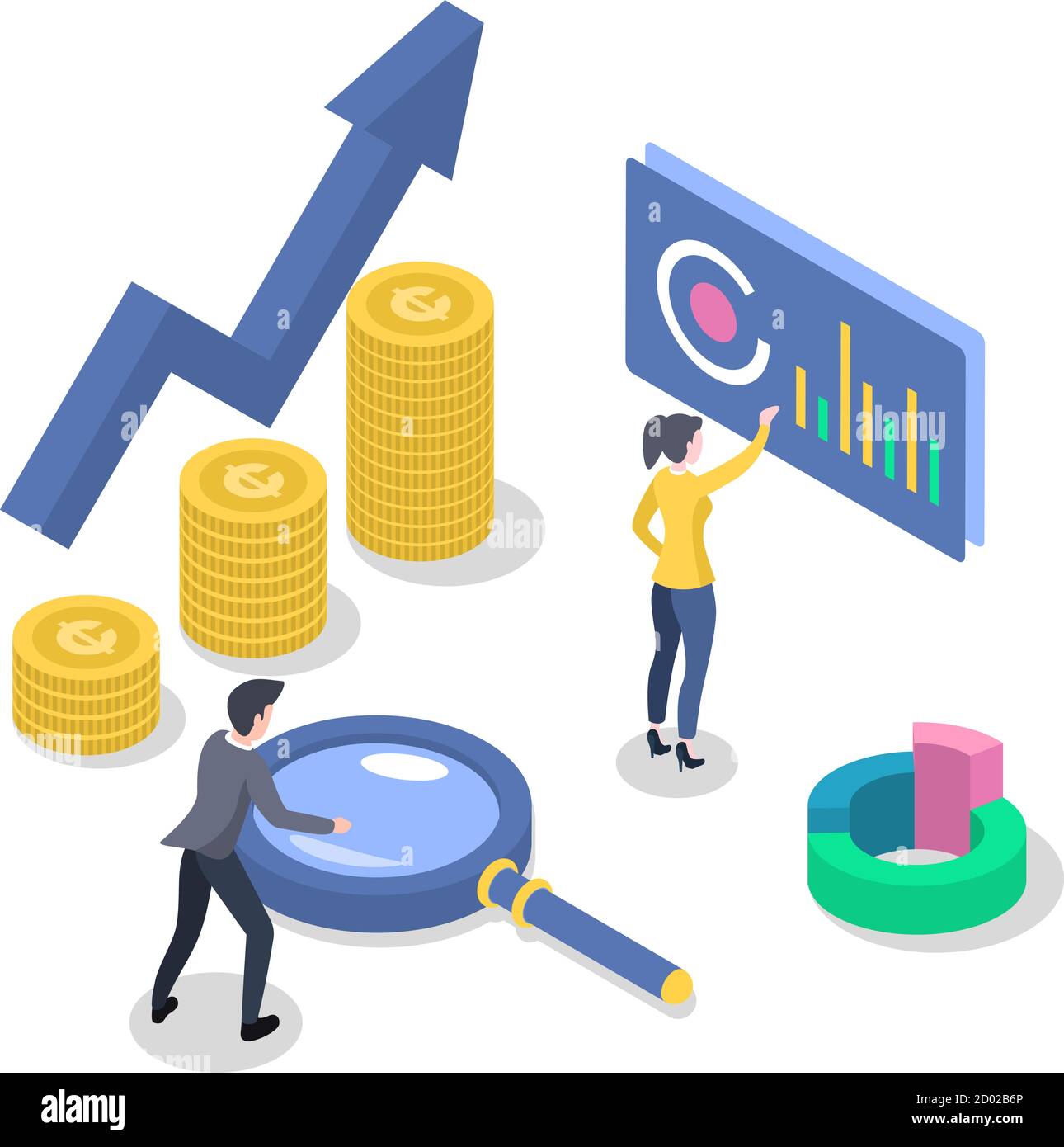 Darstellung der isometrischen Farbvektoren für Buchhaltung und Audit. Umsatzsteigerung. Wirtschaftswachstum. Mitarbeiter, die einen Geschäftsplan entwickeln. Datenanalyse und Stock Vektor