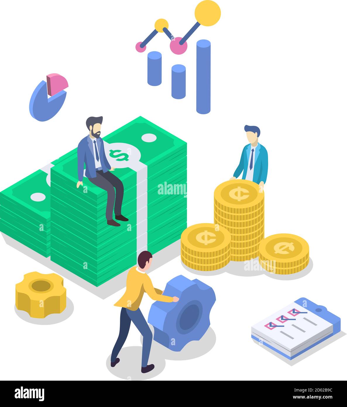 Darstellung des isometrischen Farbvektors für die Buchhaltung. Finanzprüfung. Budgetverwaltung. Geschäftsstrategie. Investitionen. Bankwesen. Buchhaltung. Menschen Stock Vektor