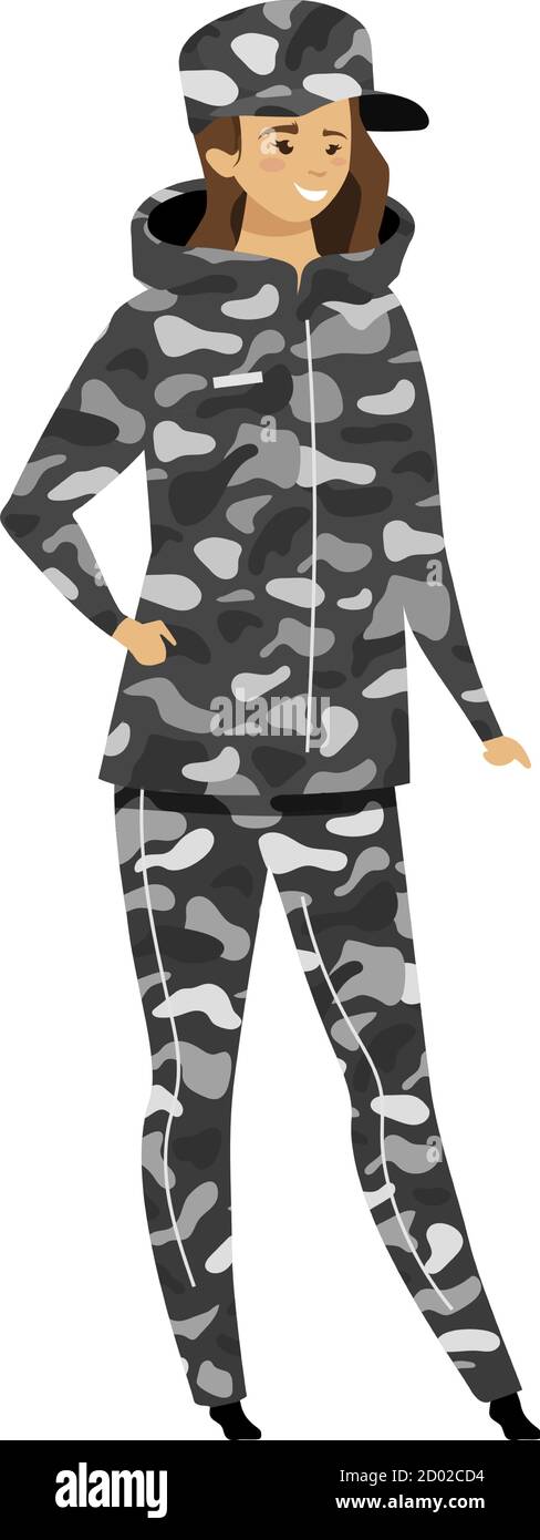 Weibliche Soldat flache Farbe Vektor Illustration. Person in Camouflage Oberbekleidung. Frau im militärischen Stil Uniform. Survival-Kleidungsstück. Expeditionierer Stock Vektor