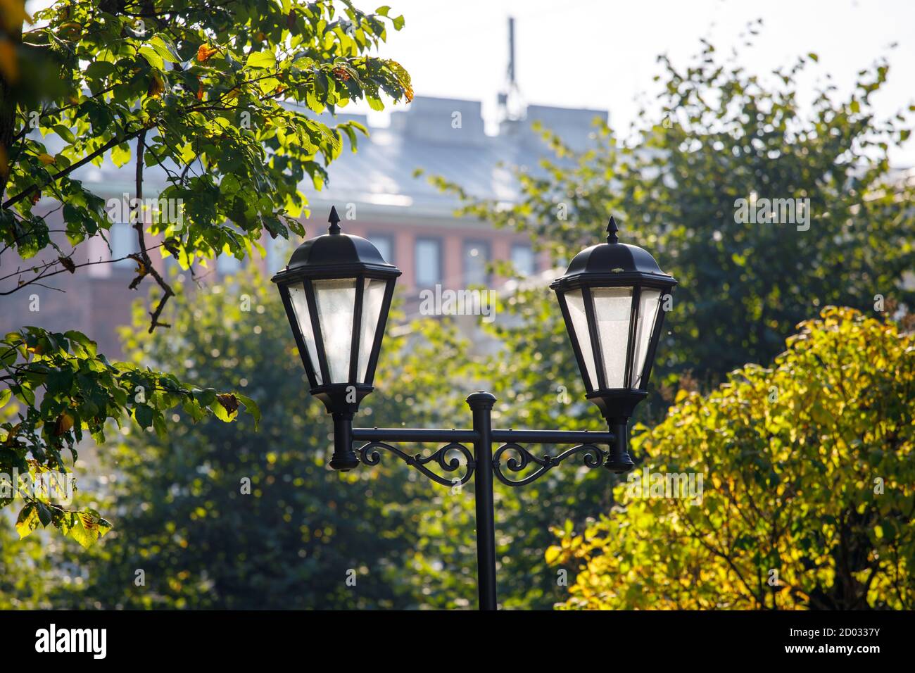 Schöne Straßenlampe auf einem Hintergrund von Herbstblättern. Stockfoto