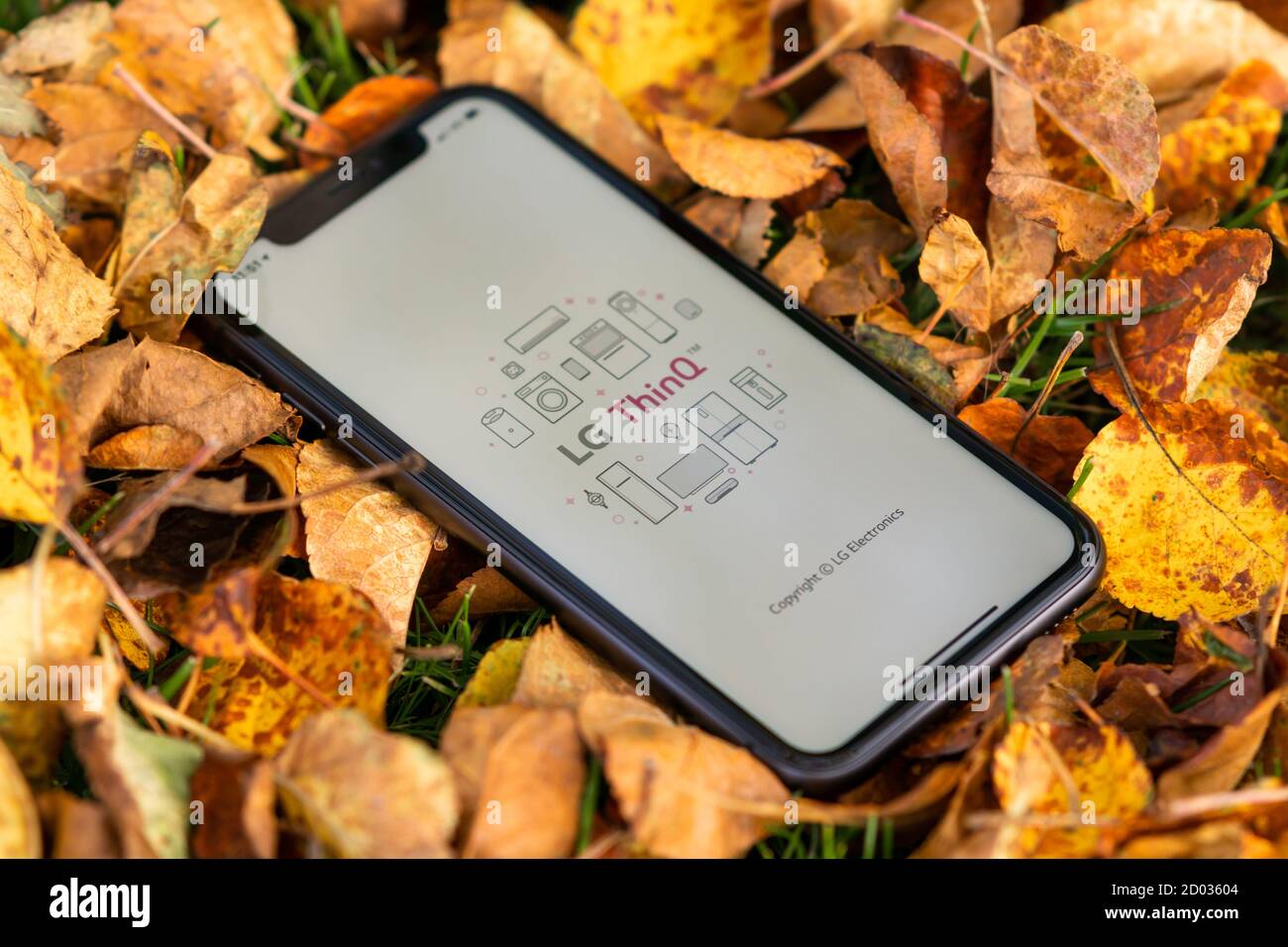 Tallinn / Estland - 28. September 2020: Schwarzes iphone mit Logo der LG ThinQ App auf dem Bildschirm. Falled verlässt den Hintergrund. Kann als illustrative fo verwendet werden Stockfoto