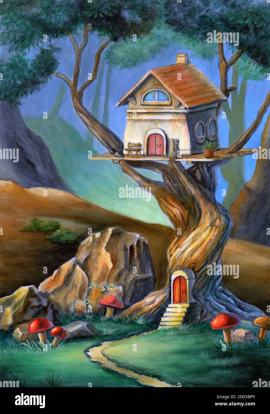 Fantasy-Szene mit einem niedlichen Haus auf einem Baum. Mischtechnik Illustration, Acryl und Buntstift auf Papier. Stockfoto