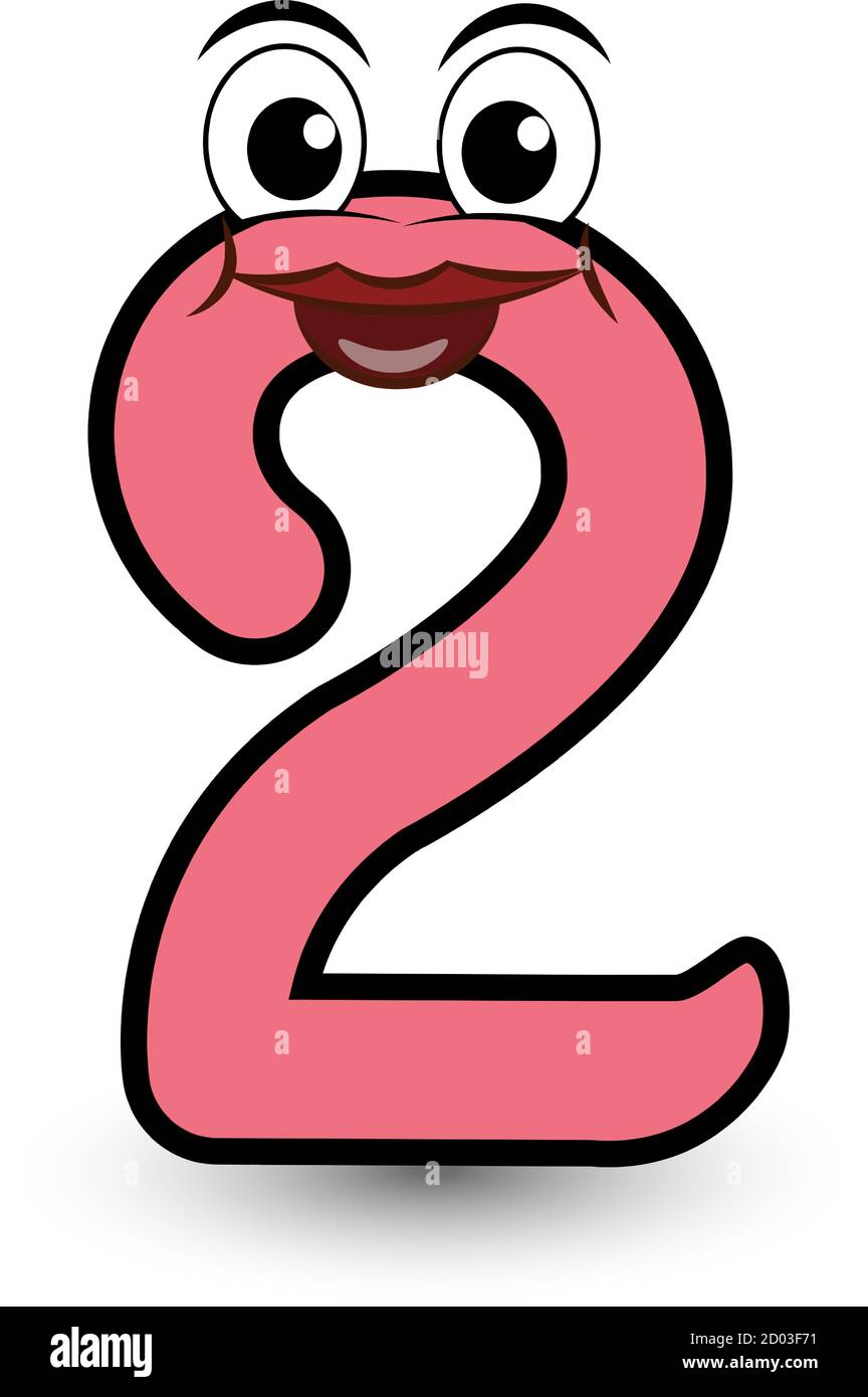 Lustige Hand gezeichnet Cartoon gestylt Schriftart bunte Zahl zwei mit lächelndem Gesicht Vektor Alphabet Illustration isoliert auf weiß. Gut für Kinder lernen Stock Vektor