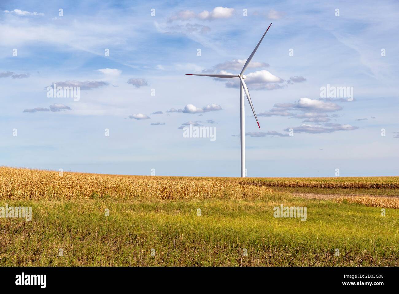 Rotor der Windenergieanlage mit Rotorblättern. Konzept der Elektrizitätstechnik, innovative nachhaltige Ressourcentechnologie. Grüne erneuerbare Energie. Stockfoto
