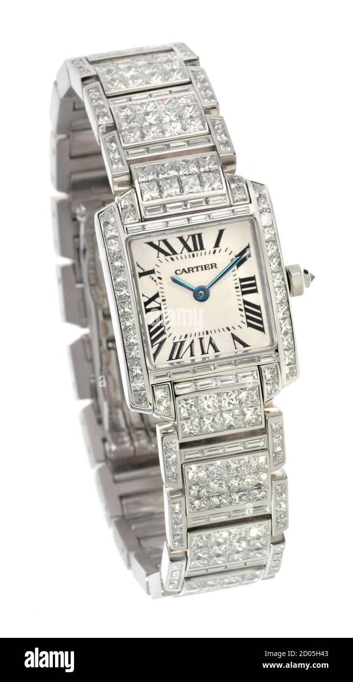 Silber Cartier-Uhr mit römischen Ziffern auf einem weißen fotografiert Hintergrund Stockfoto