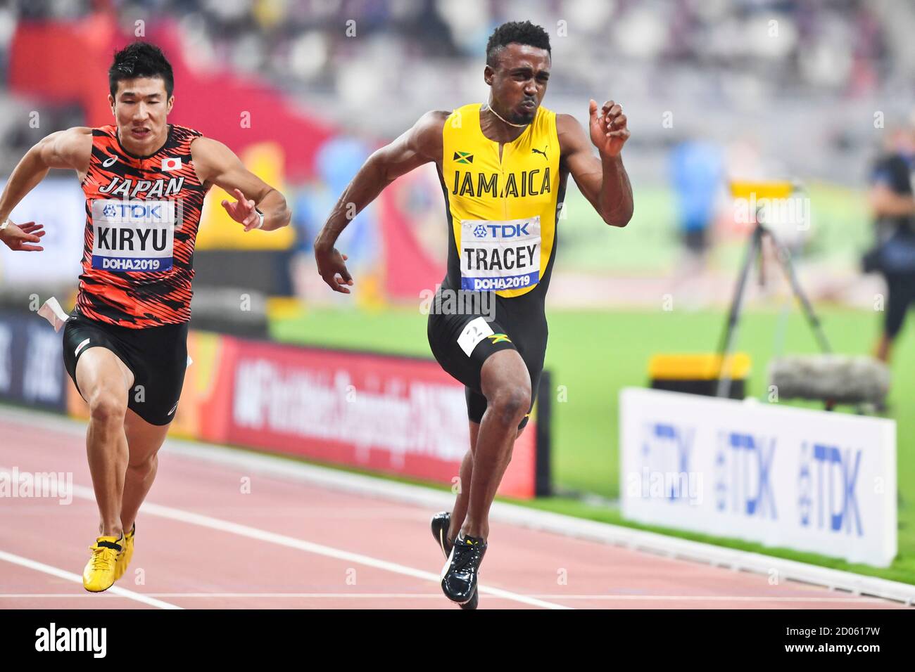 Yoshihihide Kiryu (JPN), Tyquendo Tracey (JAM). 100 Meter Männer, Halbfinale. IAAF Leichtathletik-Weltmeisterschaften, Doha 2019 Stockfoto