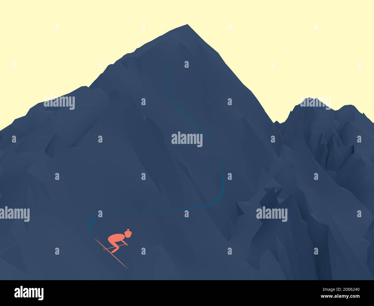 Dreidimensionale Darstellung von dunkelblauem Berg auf gelbem Hintergrund. Einfache Illustration eines pfirsichfarbenen Skifahrers, der den Berg hinunterfährt. 3D-Konzept Stockfoto
